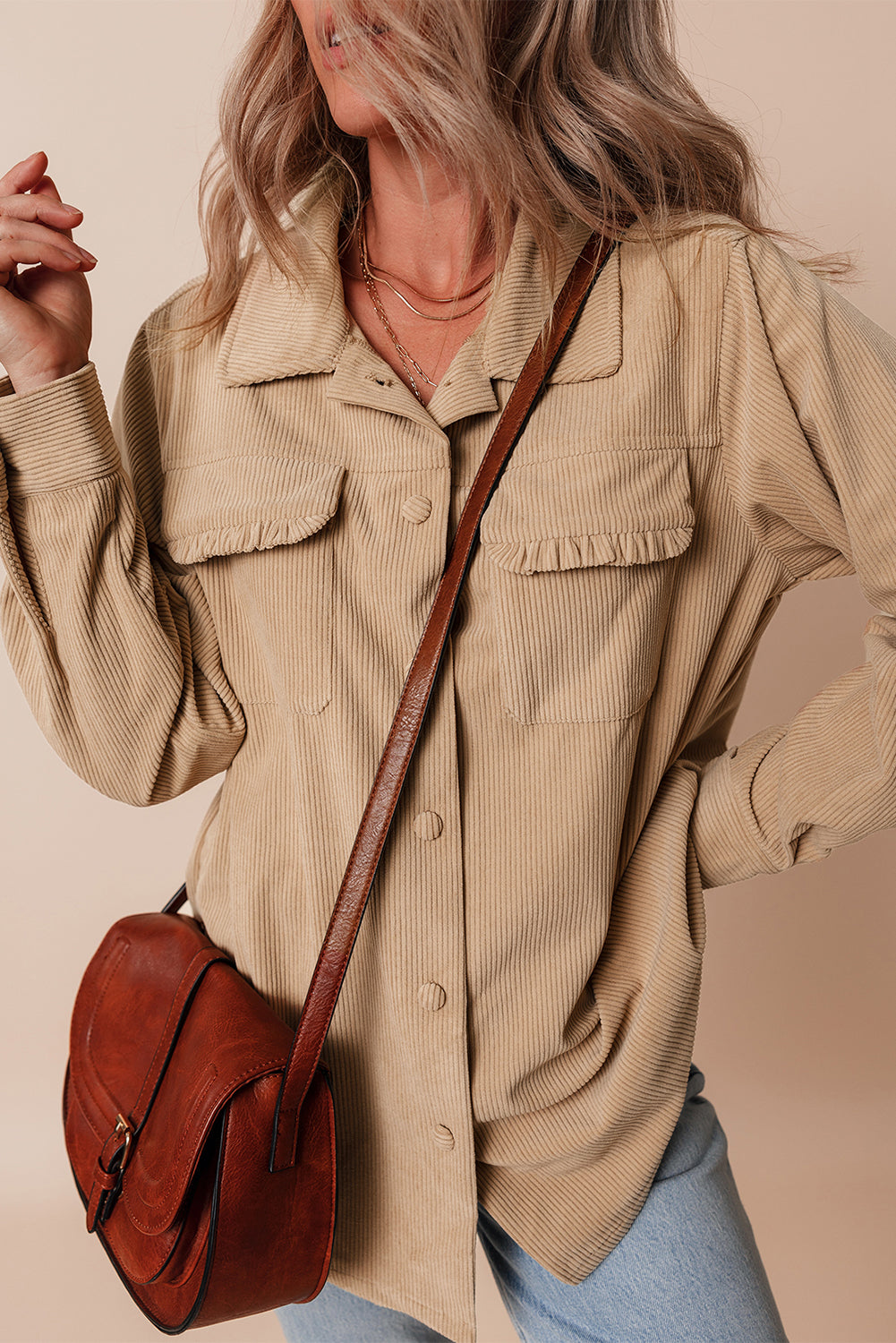 Women's Light Beige Corduroy Shacket with Frilled Pockets - Chic Button-Up Jacket for Casual Fall Fashion