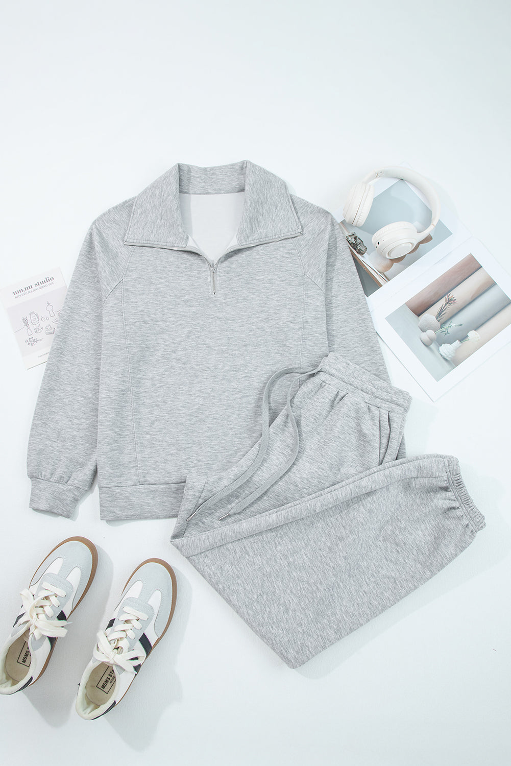 Women's Light Grey Casual Long Sleeve Zip Collar Top & Drawstring Pants Set - Stylish, Comfortable, Ideal for Daily Wear