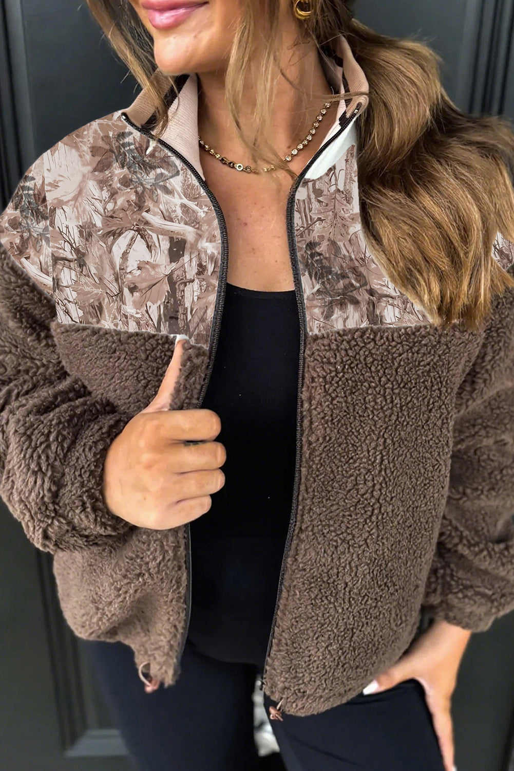 cozy women's dark brown camo and floral print sherpa jacket with zipper - stylish outerwear for fall and winter comfort made for easy styling and with