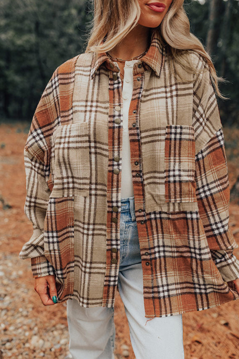 Trendy Women's Khaki Plaid Colorblock High-Low Shacket Jacket - Stylish Layering Essential for Fall Fashion
