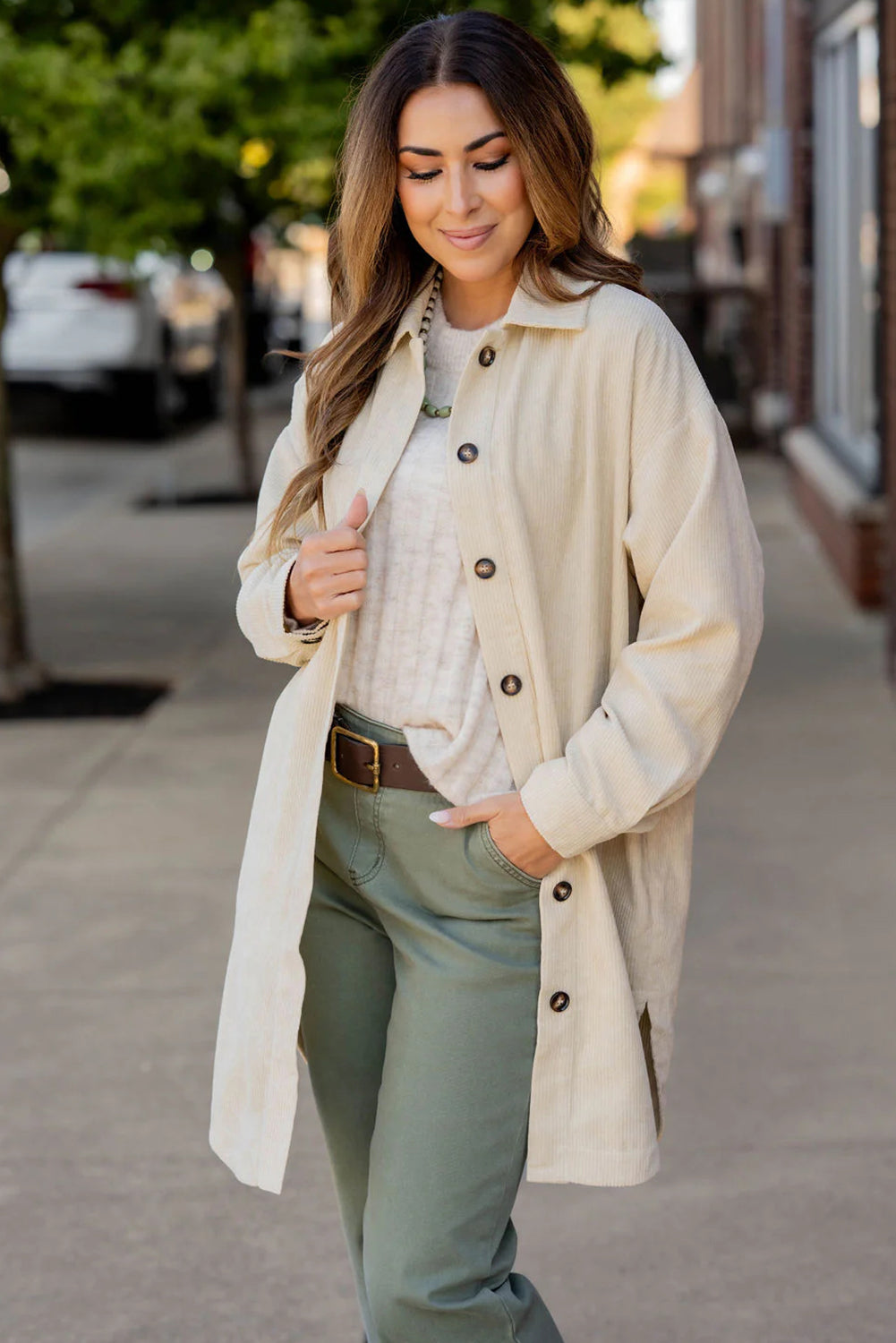 Trendy Women's Oversized Jet Stream Corduroy Shacket with Side Slits - Stylish Casual Fall Layering Jacket