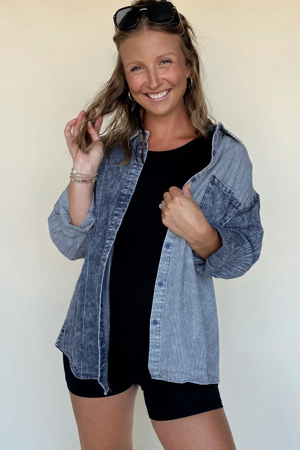 Trendy Women's Blue Patchwork Denim Jacket with Stripes & Drop Shoulder - Stylish Casual Outerwear for Every Occasion