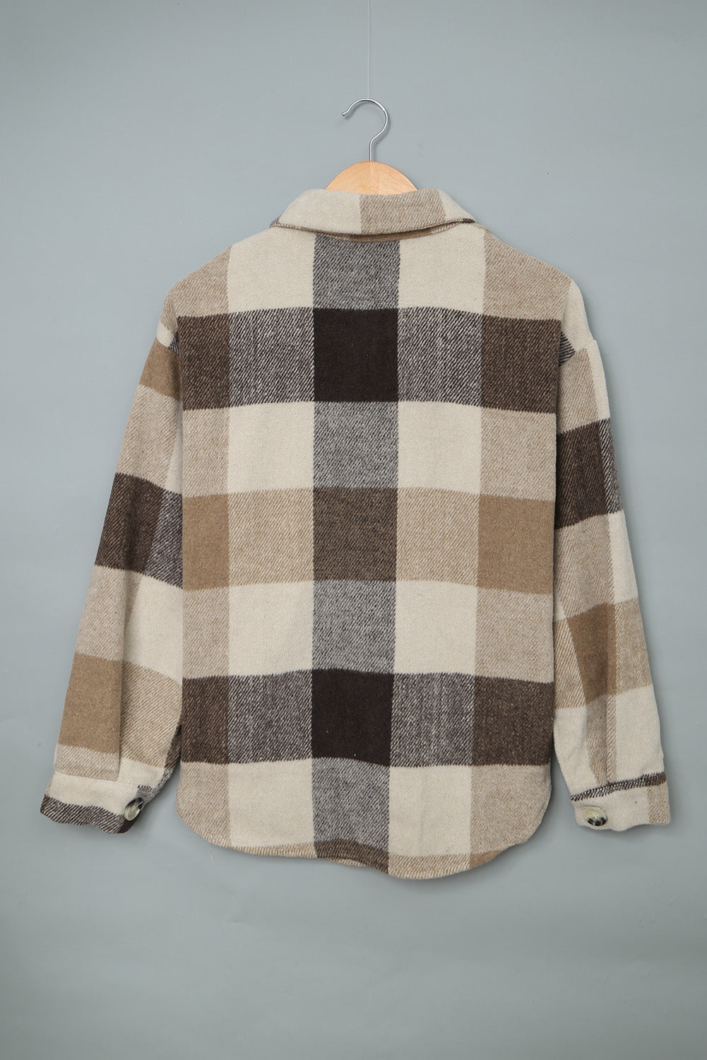Chic Women's Khaki Plaid Color Block Button-Up Jacket with Pockets Stylish Long Sleeve Outerwear for Casual Fashion