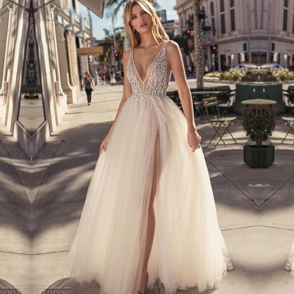 Backless V-Neck Wedding Dress – Sexy High Split Occasion Gown, Custom Made