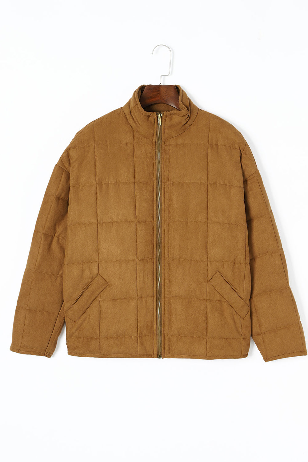 Women's Cozy Chestnut Quilted Winter Jacket - Stylish Zip-Up Outerwear with Pockets for Warmth and Comfort