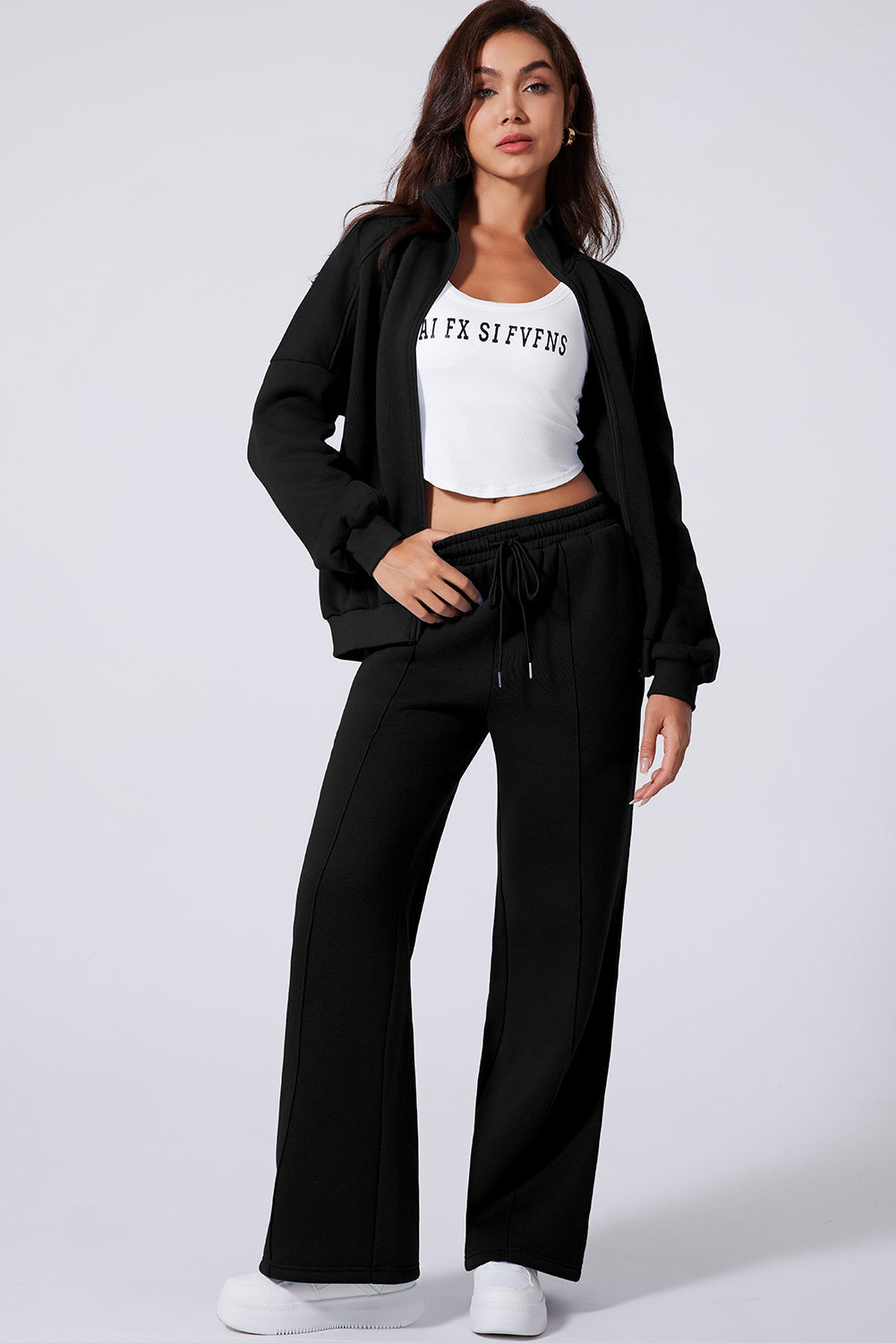 Women's Black Drop Shoulder Zip-Up Jacket & Drawstring Pants Activewear Set for Comfortable Fitness Style