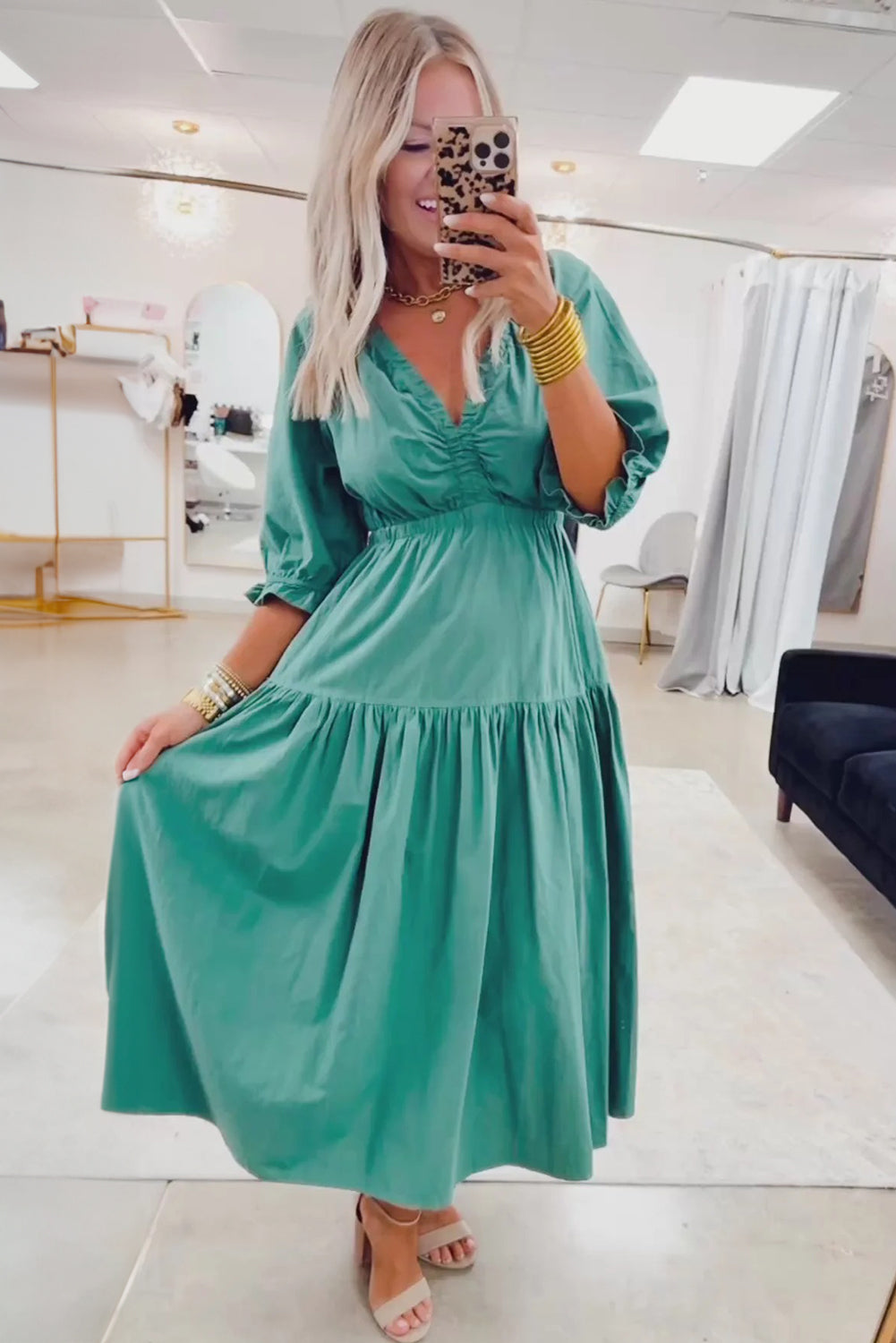Elegant Women's Canton Color Flared Long Dress with V-Neck, Frilled Puff Sleeves, and Cinched Waist for Summer Style