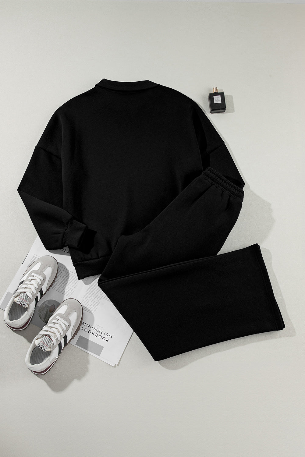 Women's Black Drop Shoulder Zip-Up Jacket & Drawstring Pants Activewear Set for Comfortable Fitness Style