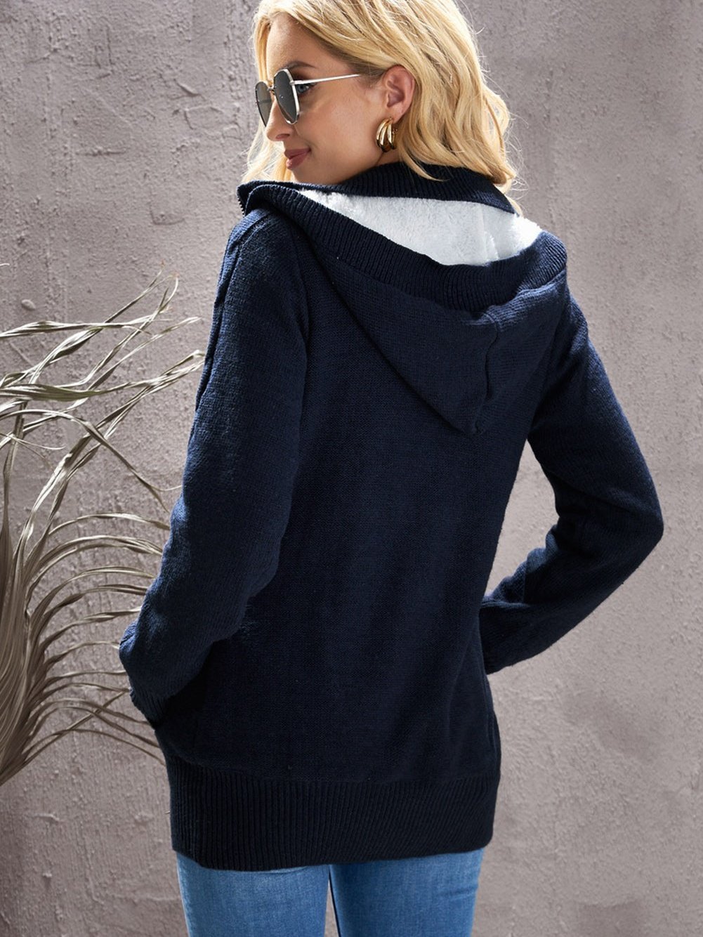 Navy Blue Cable Knit Faux Fur-Lined Hooded Sweater Coat