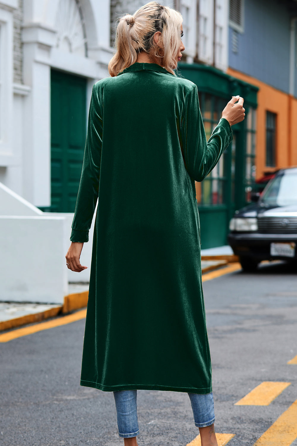 Chic Women's Green Velvet Long Duster Coat with Open Front, Pockets - Stylish and Comfortable Outerwear for Any Occasion