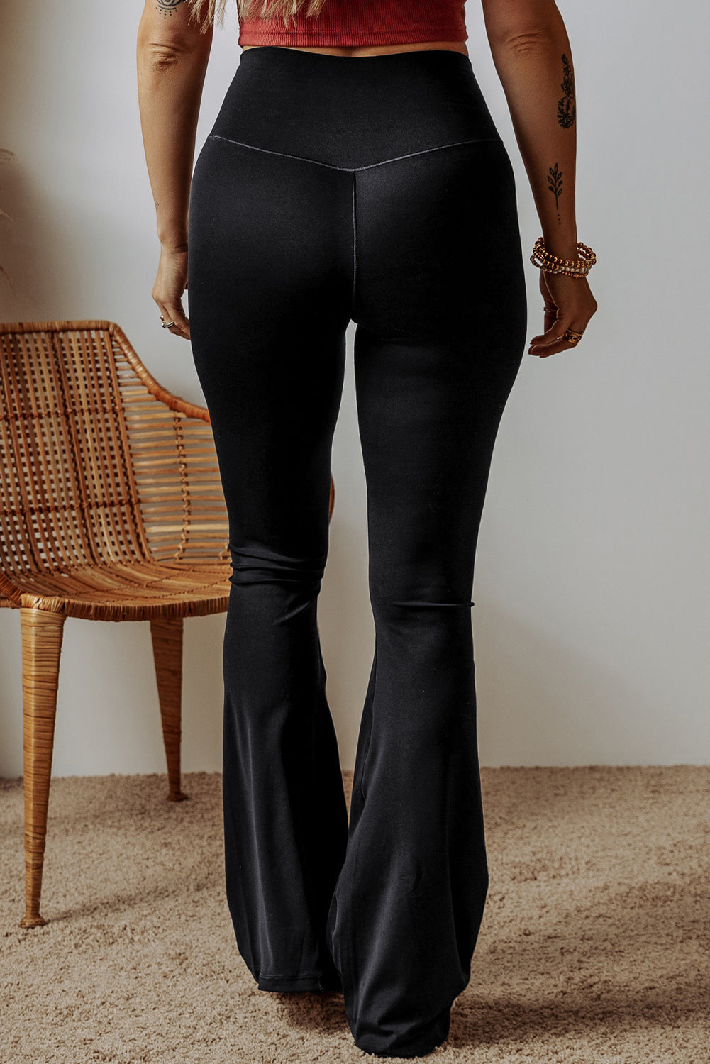 Women Black High-Waisted V-Shape Flared Leggings - Stylish Comfort for Casual and Active Wear Enthusiasts
