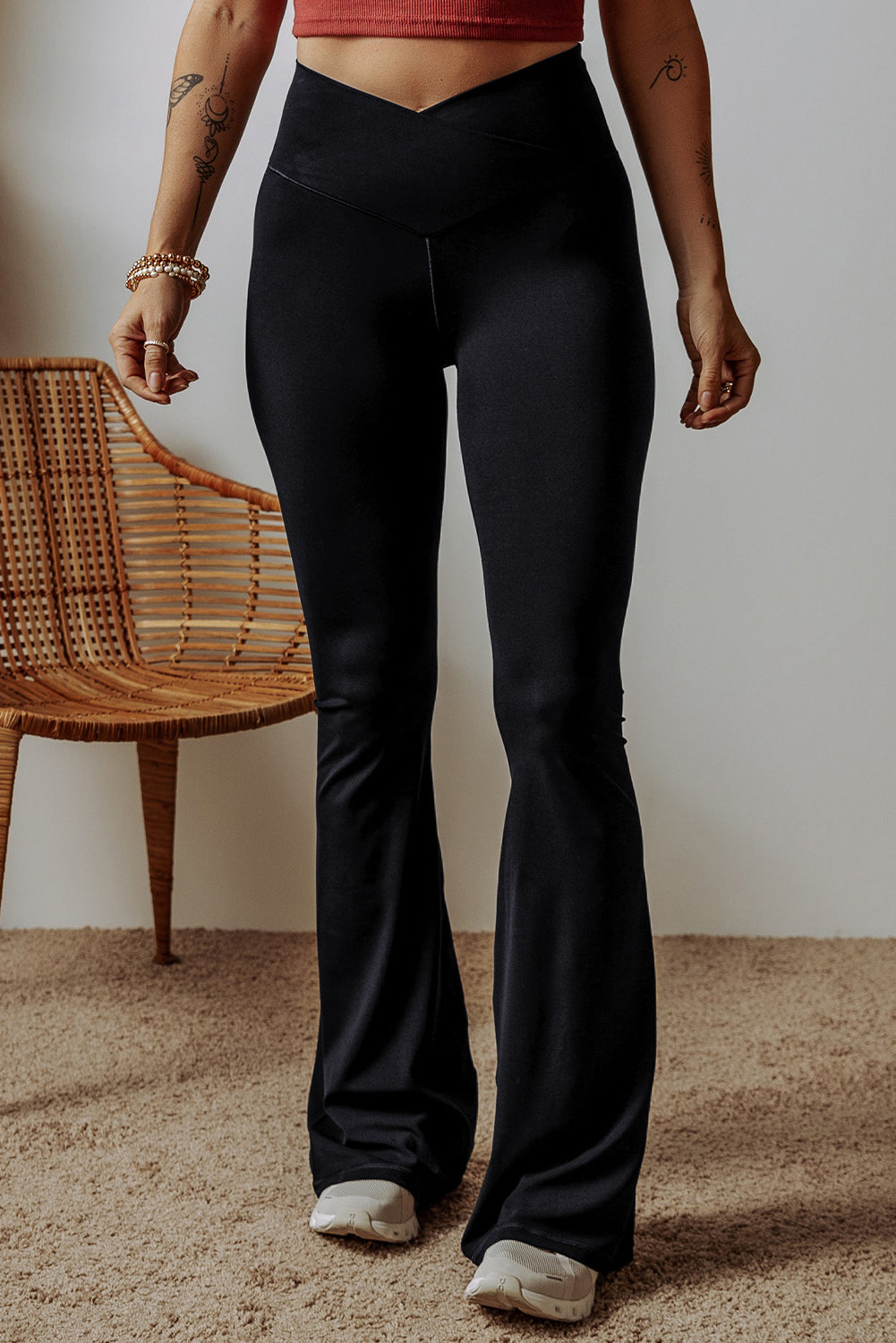 Women Black High-Waisted V-Shape Flared Leggings - Stylish Comfort for Casual and Active Wear Enthusiasts