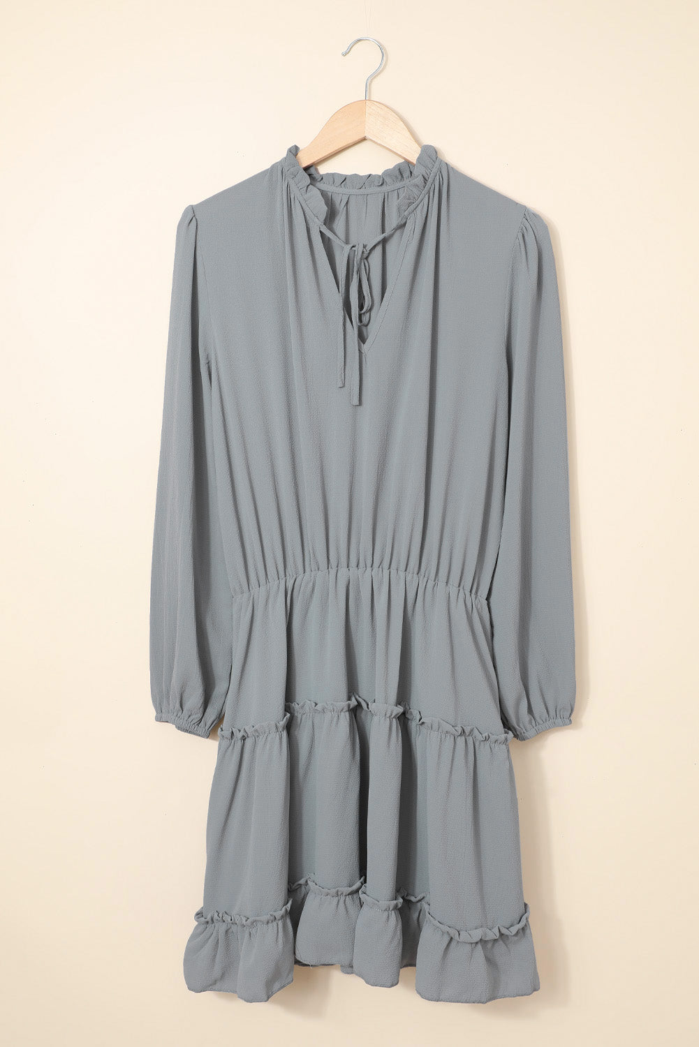 Stylish Women's Gray Long Sleeve Ruffle Tiered Mini Dress with V-Neck Perfect for Casual Outings or Party Events