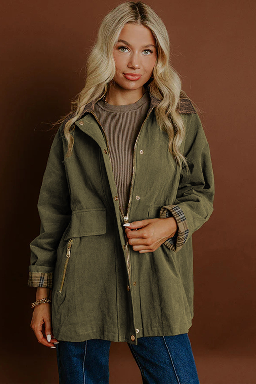Women's Moss Green Color Block Utility Jacket with Leopard Liner and Collar Detail - Stylish & Versatile Outerwear