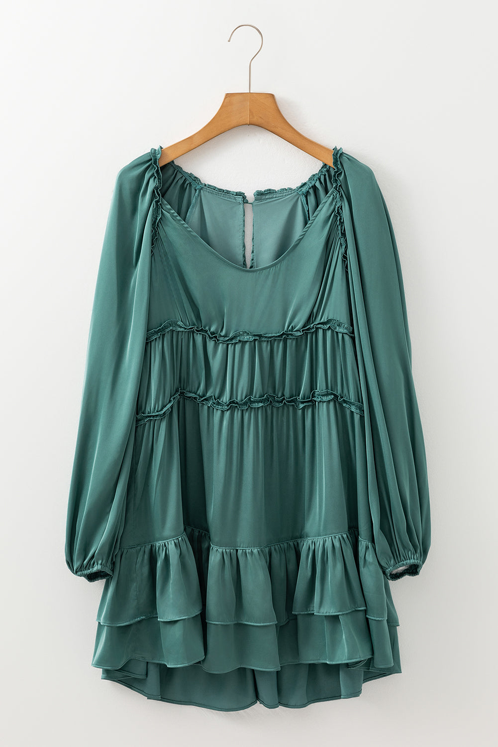 Women's Mist Green Puff Sleeve Mini Dress - Tiered Ruffled Design, Loose Fit, Ideal for Summer Outings and Casual Events