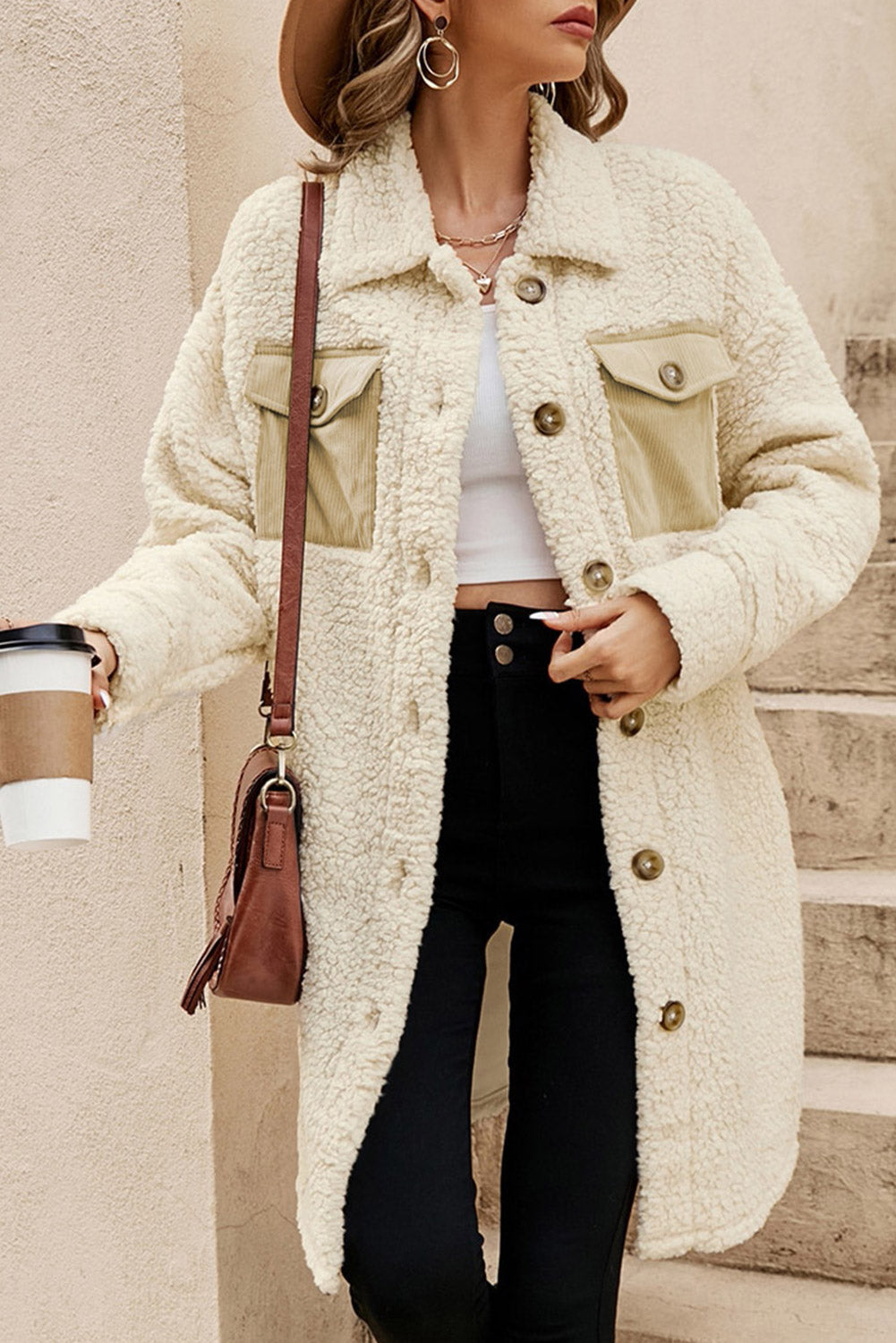 Cozy Women's Beige Teddy Coat with Contrast Flap Pockets, Stylish Single Breasted Outerwear for Cold Weather