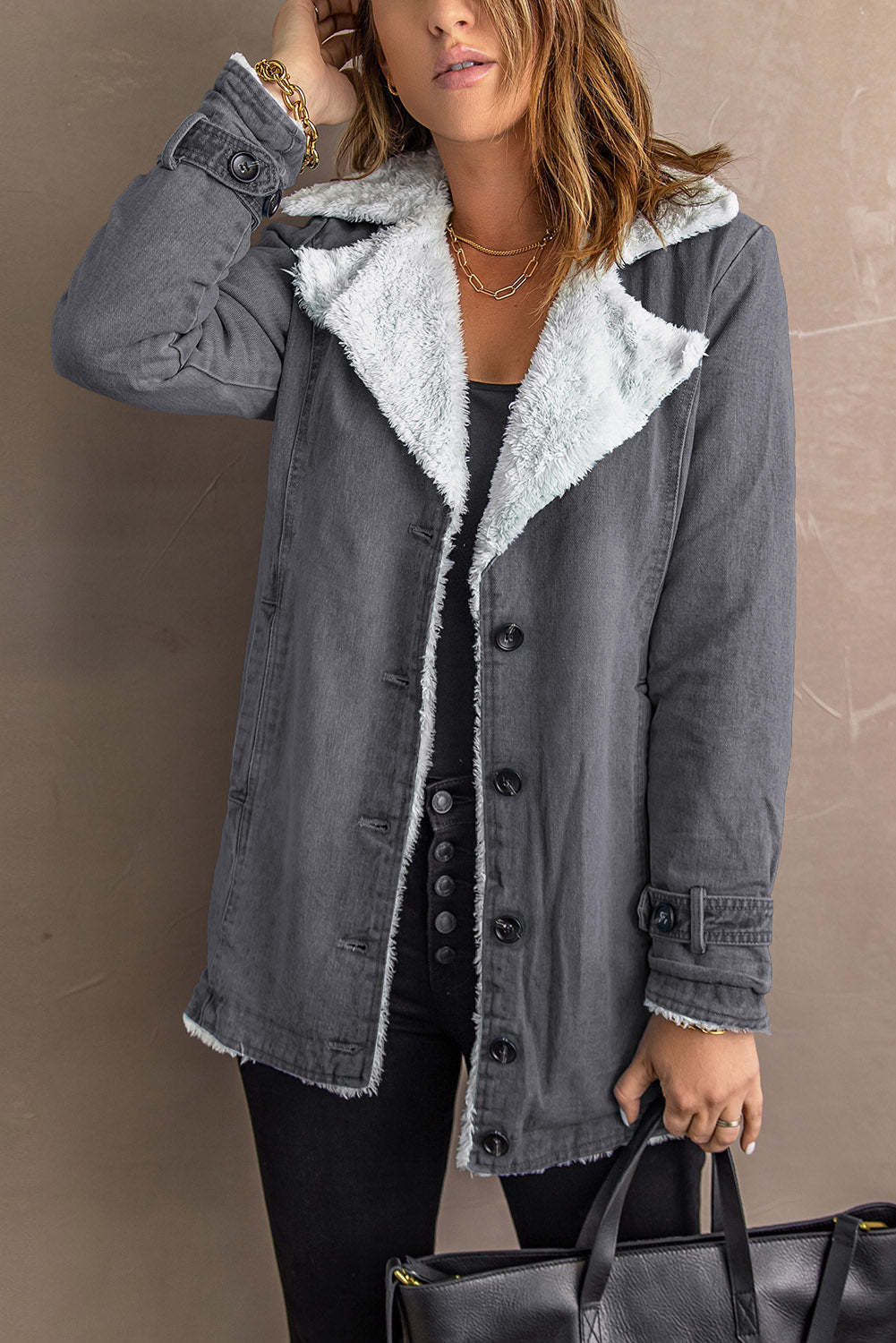 Denim Jacket with Contrast Sherpa Lining
