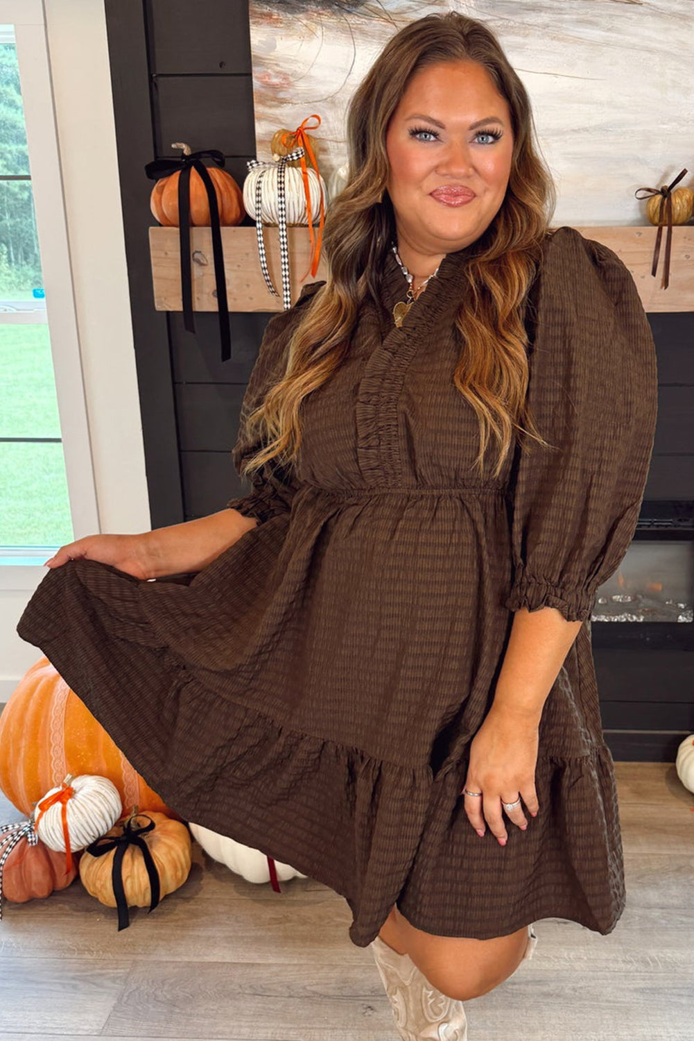 Plus Size Women's Coffee V-Neck Puff Sleeve Mini Dress with Frill Trim & Textured Fabric for Effortless Chic Style