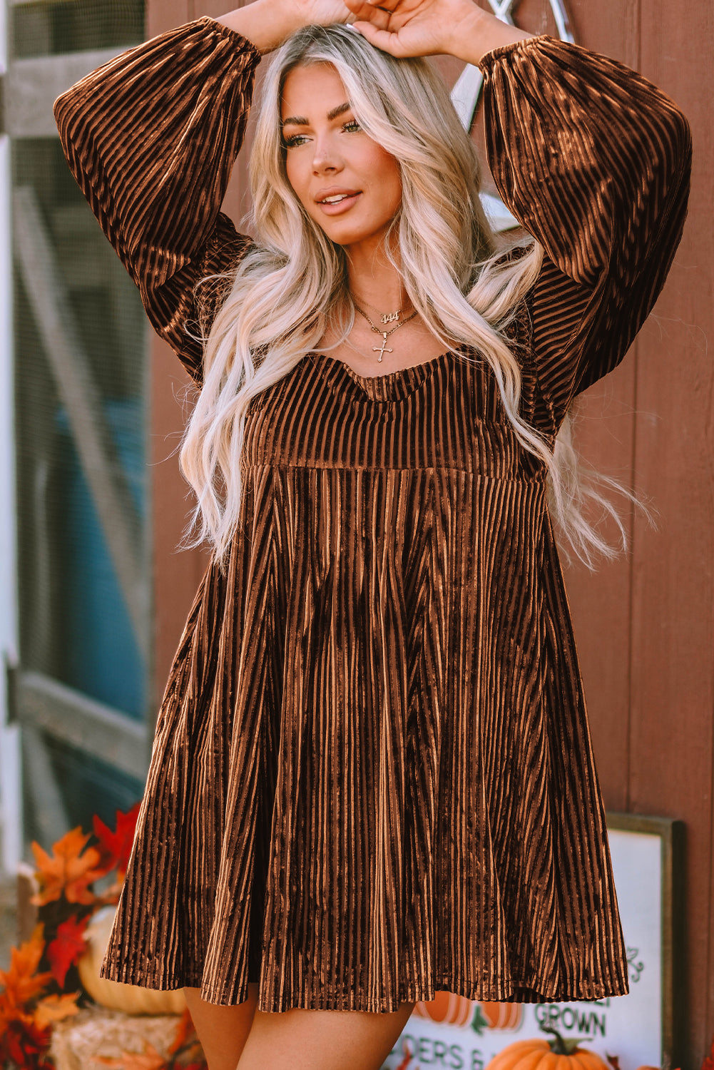 Brown Velvet Babydoll Dress for Women - Flattering Fit, Square Neck, Tie Back Detail for Effortless Chic Style
