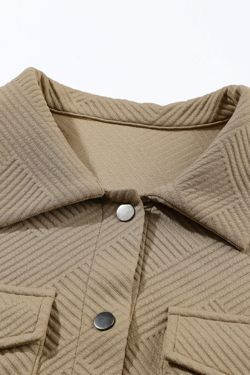 Women's Khaki Textured Shacket with Flap Pockets - Trendy Layering Jacket for Casual Chic Style