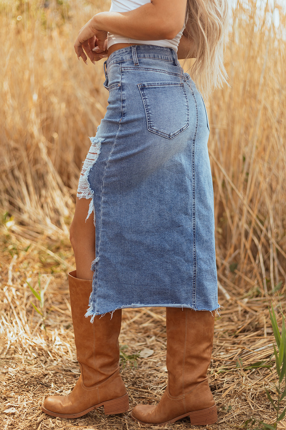 women's light wash high-waisted distressed denim skirt for women - casual summer style, effortless fit for everyday wear made for easy styling and