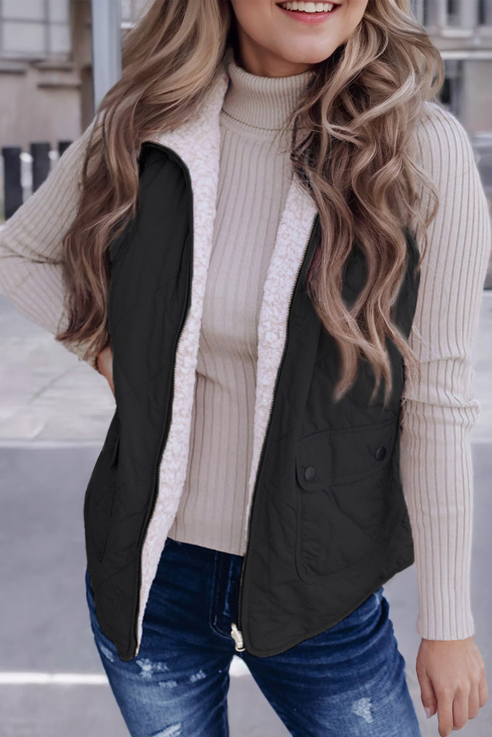 Cozy Women's Black Quilted Zip-Up Vest Coat with Fleece Lining for Stylish Winter Layering