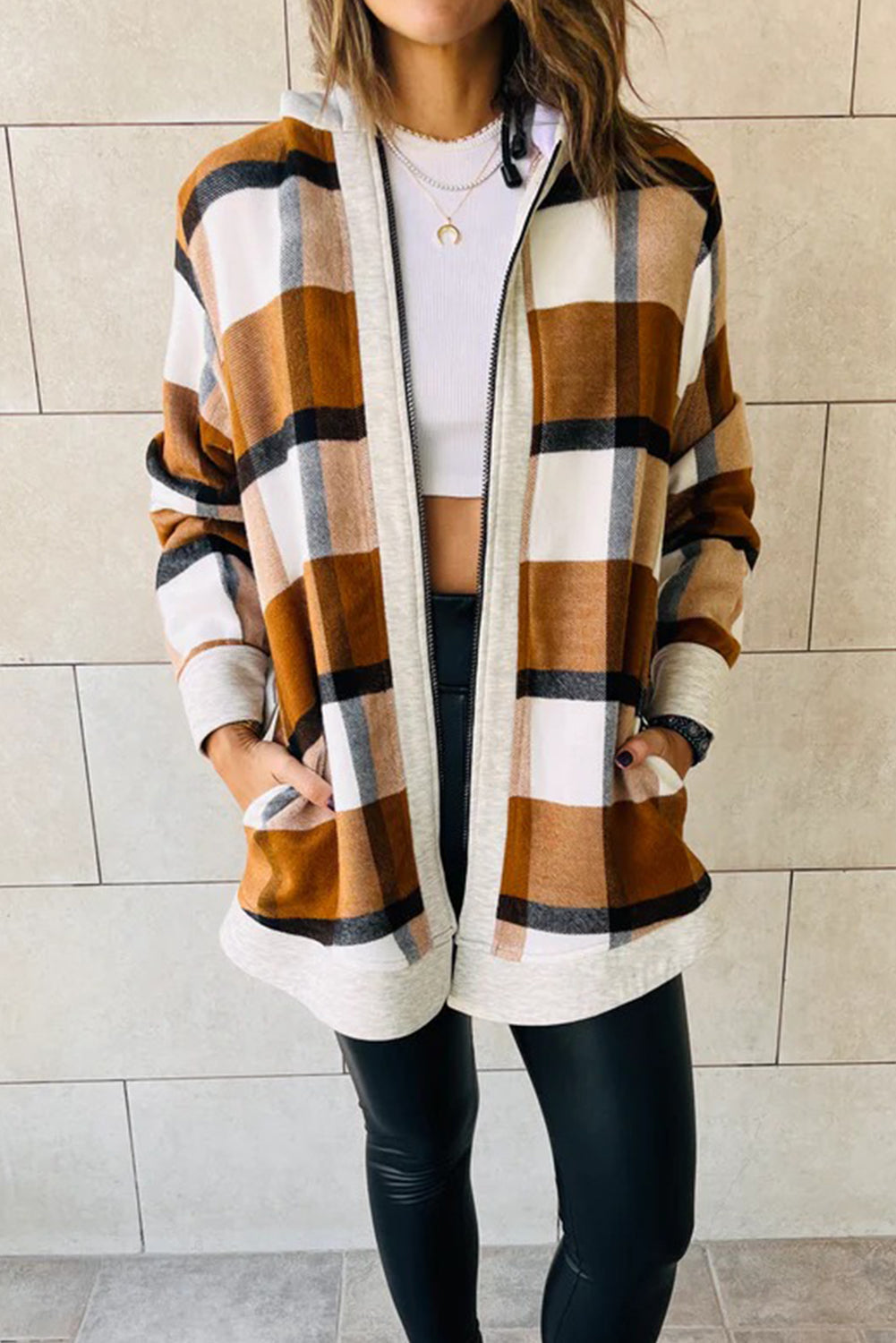 Stylish Women's Brown Vintage Plaid Hooded Zip-Up Jacket with Contrast Trim - Cozy Fall Outerwear for Effortless Chic