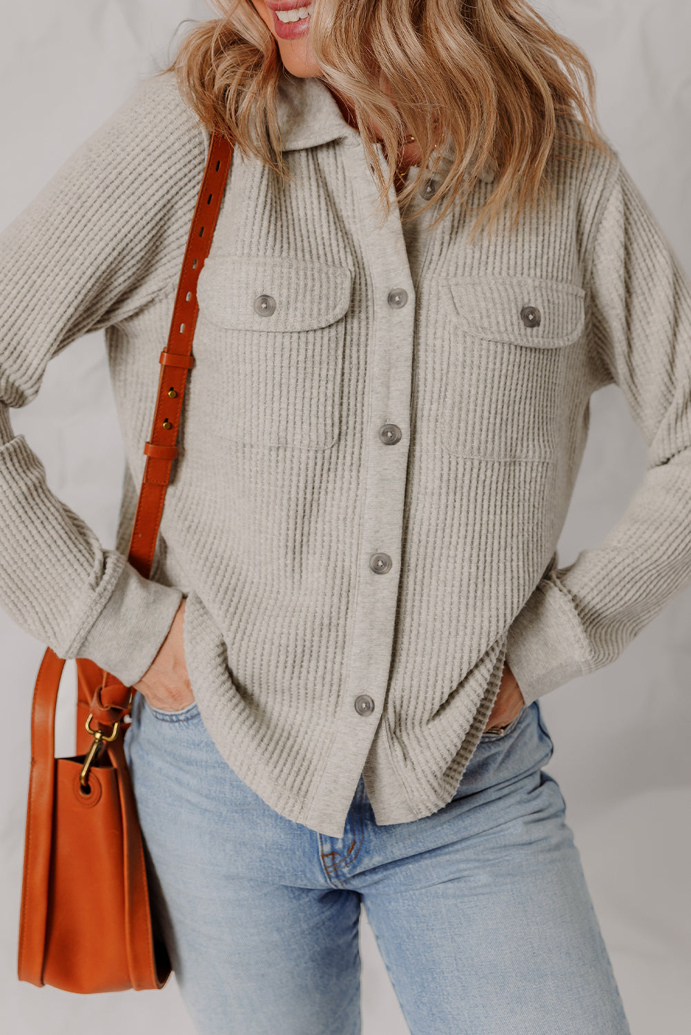 Stylish Women's Light Grey Waffle Textured Shacket with Pocket - Versatile Layering Jacket for Effortless Outfits