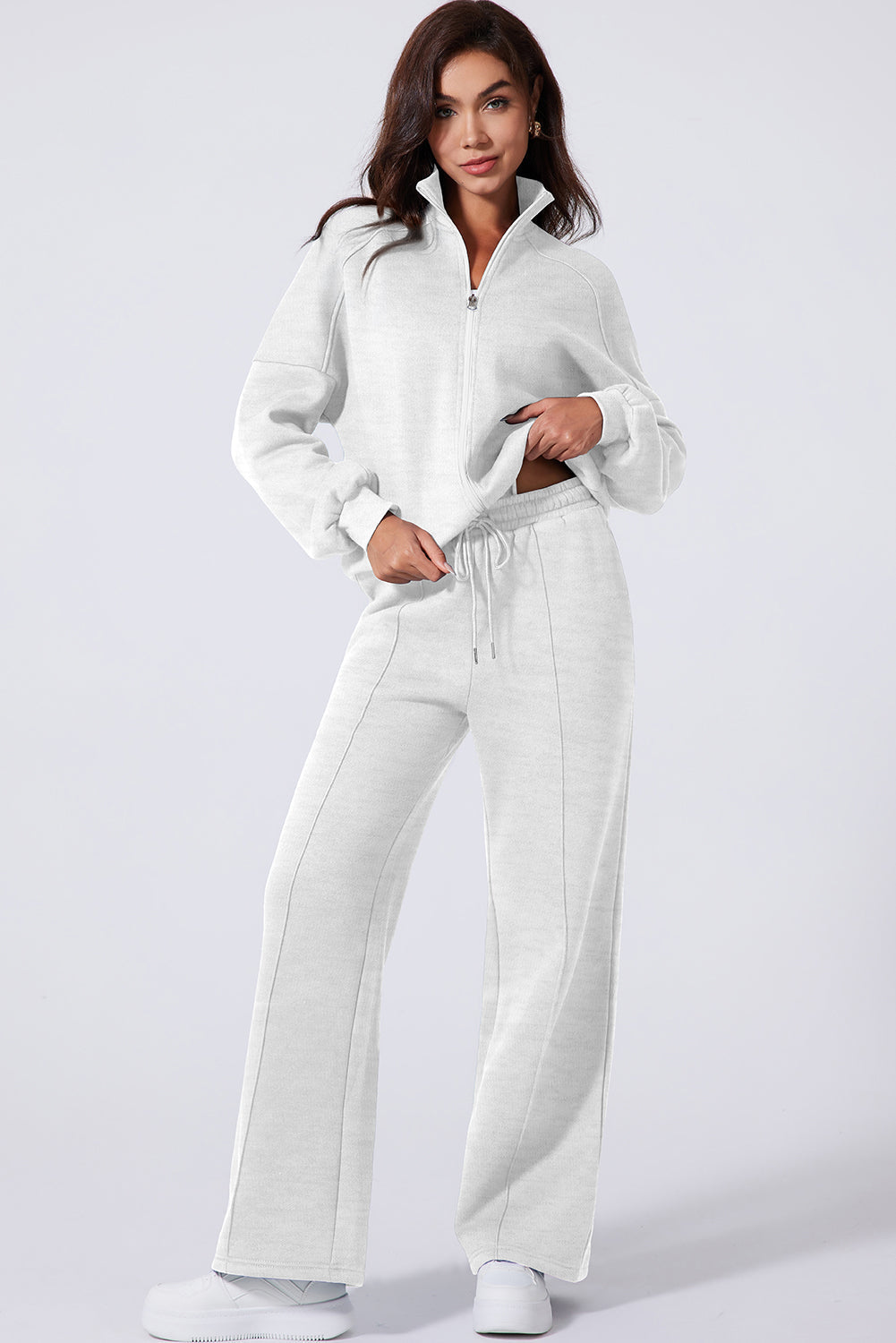 Women's Light Grey Activewear Set: Drop Shoulder Zip-Up Jacket & Drawstring Pants for Stylish Comfort in Fitness