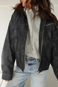 Women's Carbon Grey Vintage Faux Leather Jacket with Button Pleats and Zipper, Stylish Cuffed Sleeves for Chic Looks