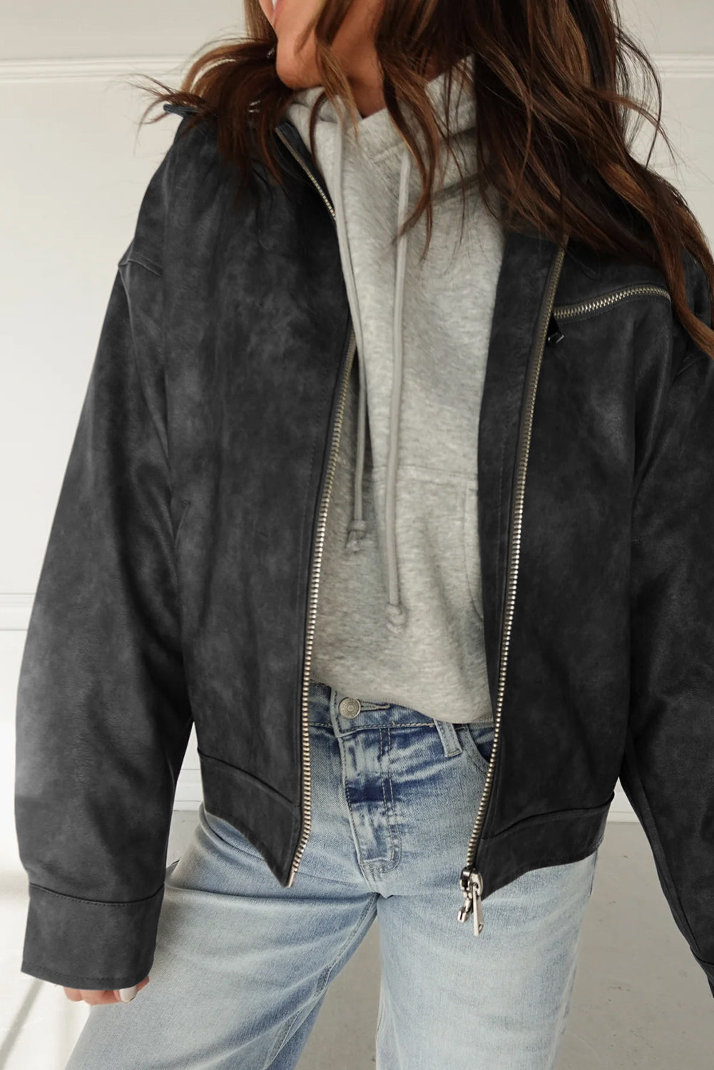 Women's Carbon Grey Vintage Faux Leather Jacket with Button Pleats and Zipper, Stylish Cuffed Sleeves for Chic Looks