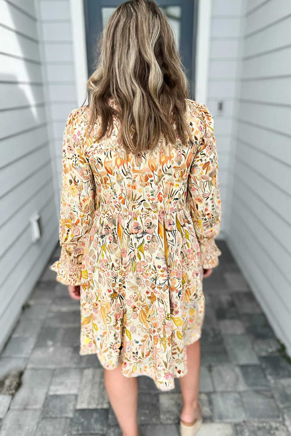 Women's Spring Floral Print Yellow Dress with Long Sleeves, Smocked Cuffs, and Frilly Trim Casual Loose Fit