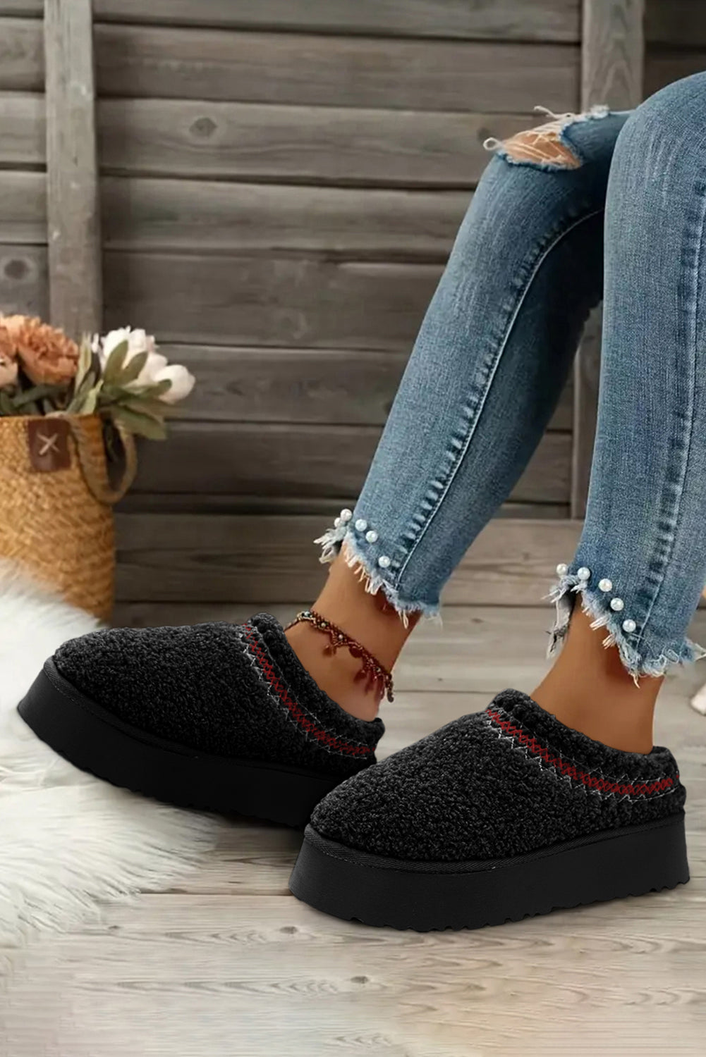 Women's Embroidered Black Sherpa Plush Snow Boots with Thick Sole for Cozy Comfort and Chic Winter Style