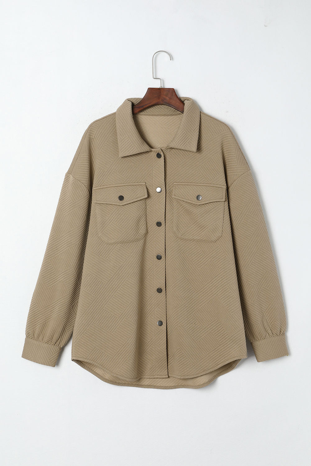 Women's Khaki Textured Shacket with Flap Pockets - Trendy Layering Jacket for Casual Chic Style