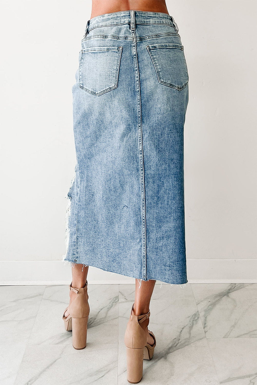 women's light wash high-waisted distressed denim skirt for women - casual summer style, effortless fit for everyday wear made for easy styling and