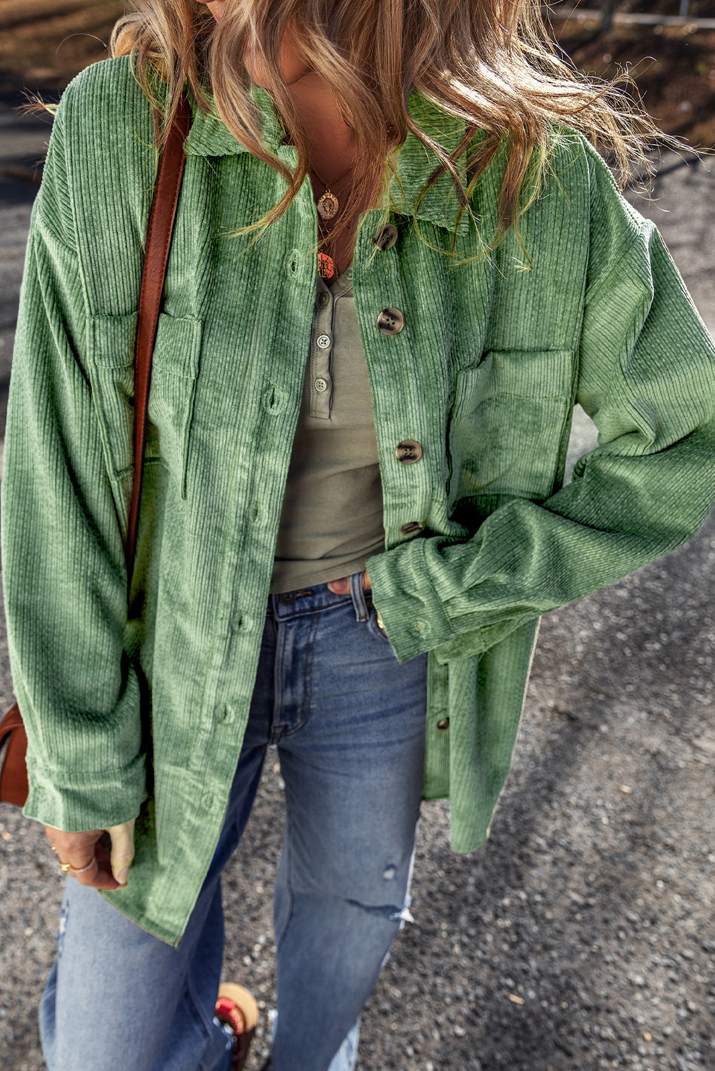 Women's Mist Green Corduroy Shacket with Pockets - Trendy Button-Up Jacket for Effortless Casual Style