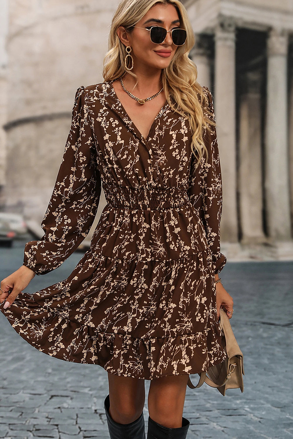 Women's Brown Floral Mini Dress with Long Sleeves, Shirred Waist, and Split Neck for a Flattering Summer Look