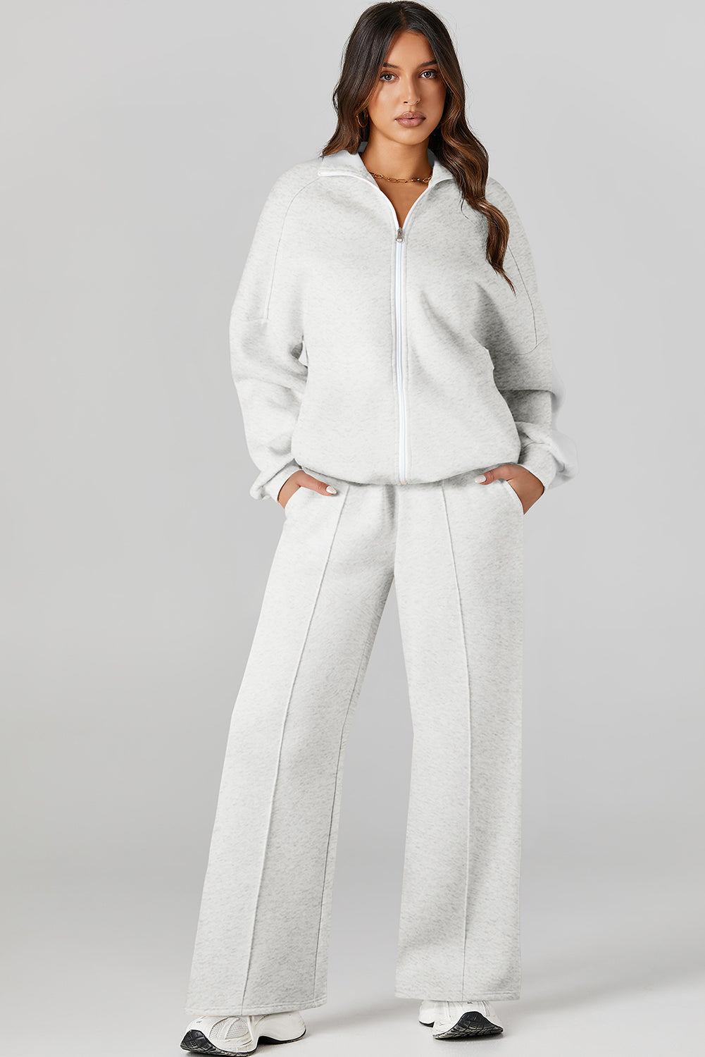 Women's Light Grey Activewear Set: Drop Shoulder Zip-Up Jacket & Drawstring Pants for Stylish Comfort in Fitness