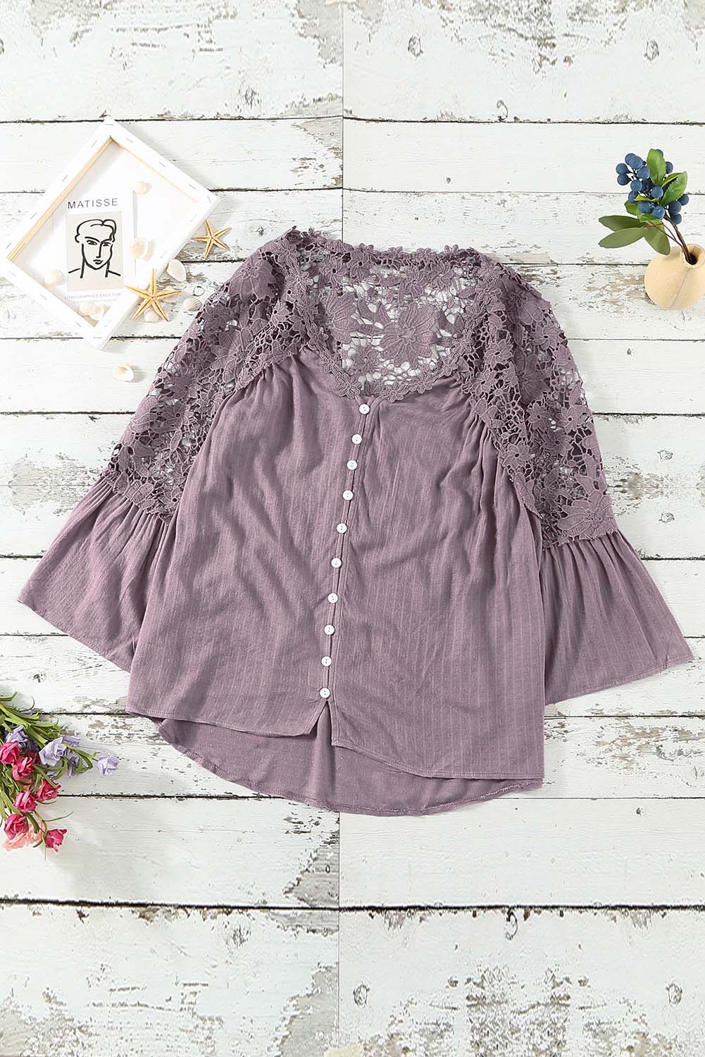 Chic Women's Purple Crochet Lace Button-Up Top - Stylish & Comfortable for Casual or Dressy Events
