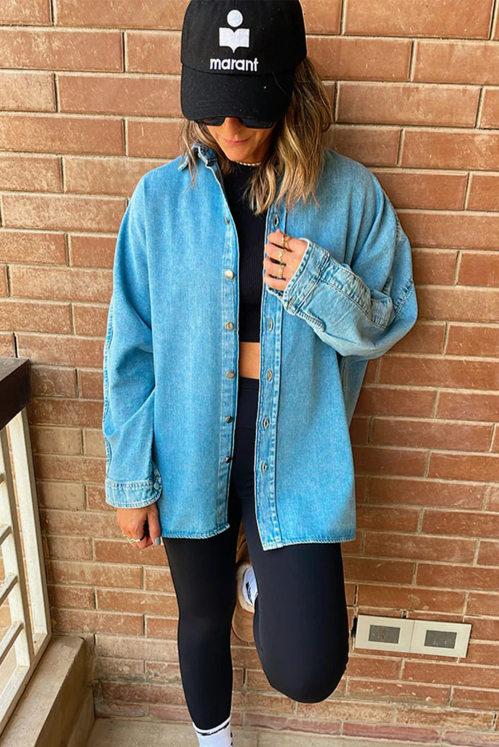 Light Blue Boyfriend Denim Jacket for Women with Contrast Panel & Buttons - Stylish Casual Chic for Everyday Outfits