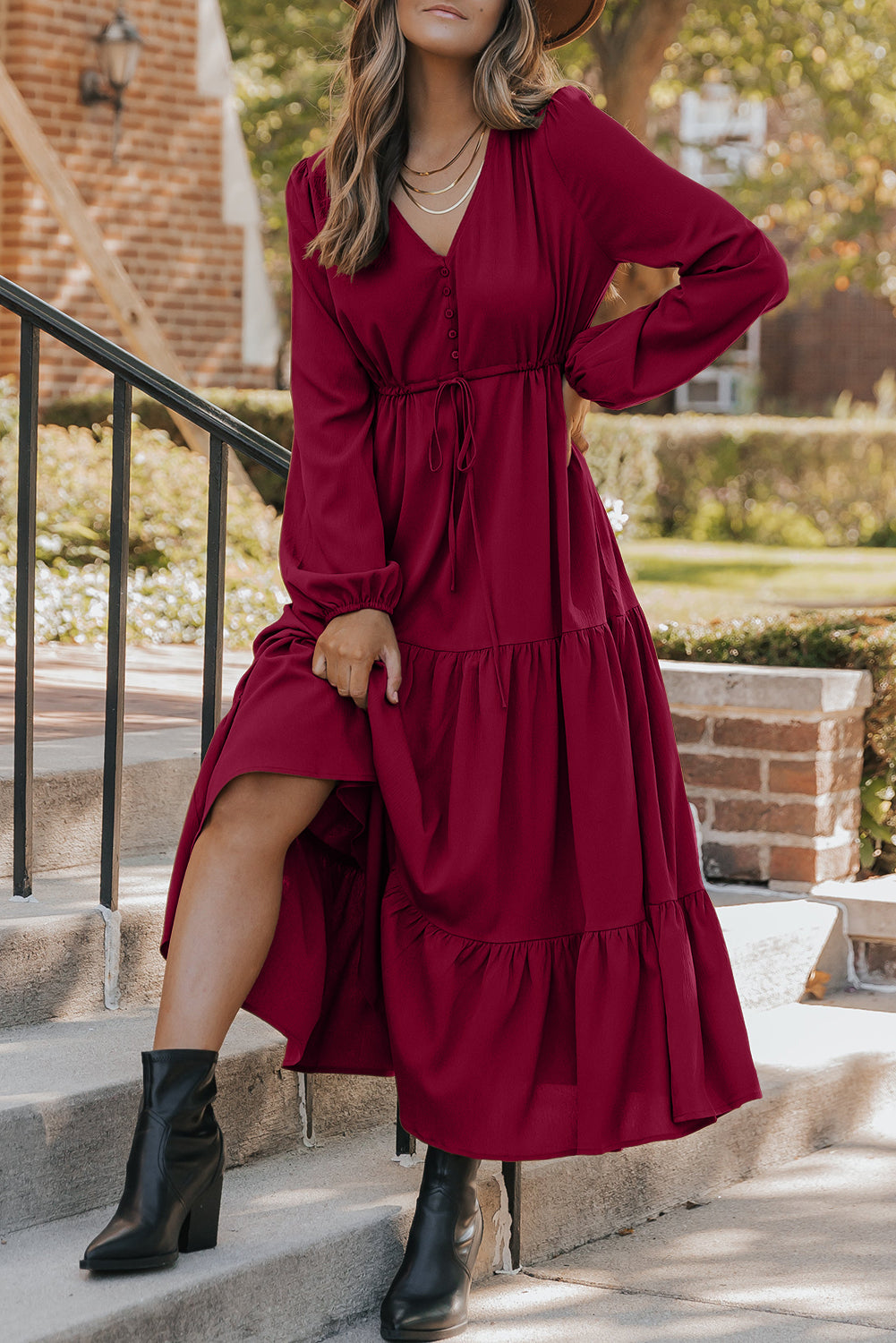 Elegant Burgundy Long Sleeve V-Neck Tiered Maxi Dress for Women Flowy Fit Perfect for Parties and Special Occasions