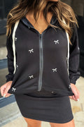 Women's Stylish Black Zip-Up Hoodie with Contrast Bow Embroidery - Casual Everyday Jacket for Comfort and Fashion