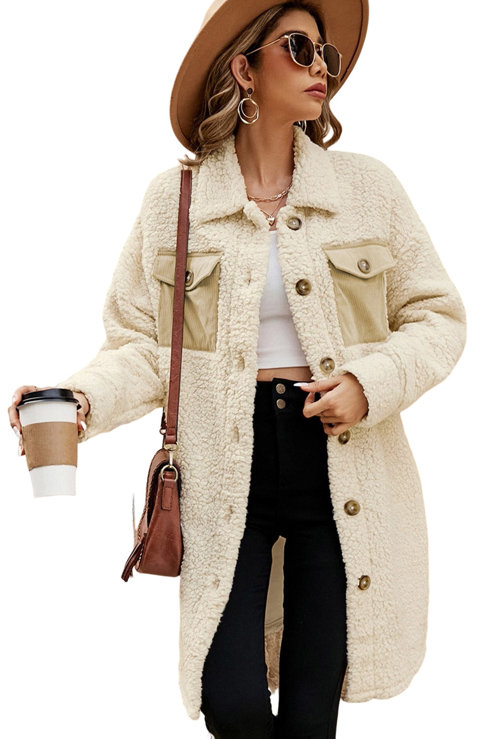Cozy Women's Beige Teddy Coat with Contrast Flap Pockets, Stylish Single Breasted Outerwear for Cold Weather