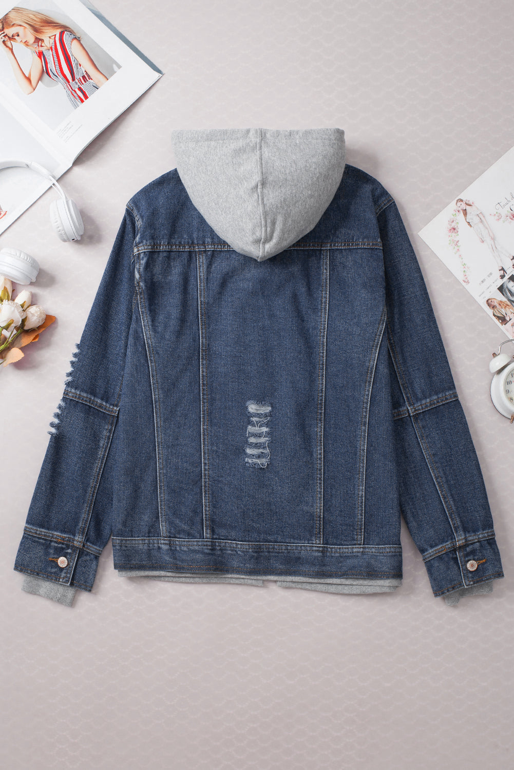 Stylish Women's Dark Blue Hooded Denim Jacket - Zip-Up Casual Layer for Everyday Outfits and Chic Outings