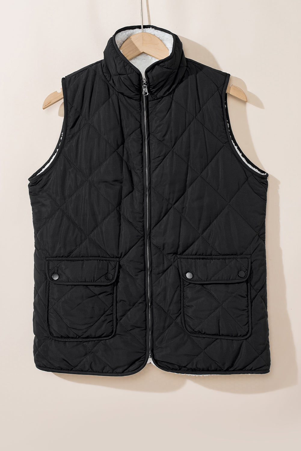 Cozy Women's Black Quilted Zip-Up Vest Coat with Fleece Lining for Stylish Winter Layering
