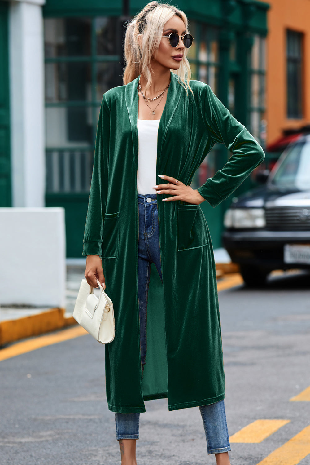 Chic Women's Green Velvet Long Duster Coat with Open Front, Pockets - Stylish and Comfortable Outerwear for Any Occasion