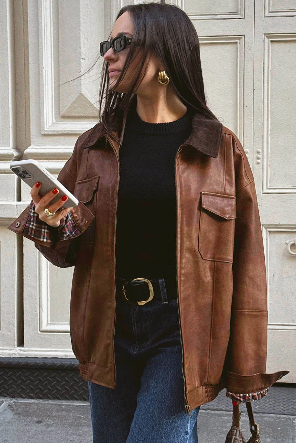Stylish Women's Retro Coffee Faux Leather Jacket with Contrast Corduroy Collar and Unique Patchwork Details