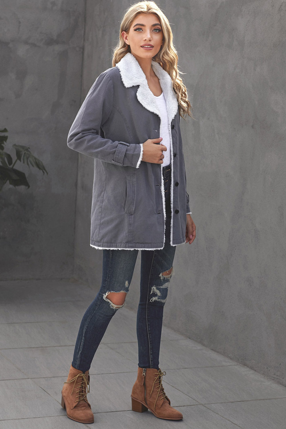Faux Fur-Trimmed Denim Coat