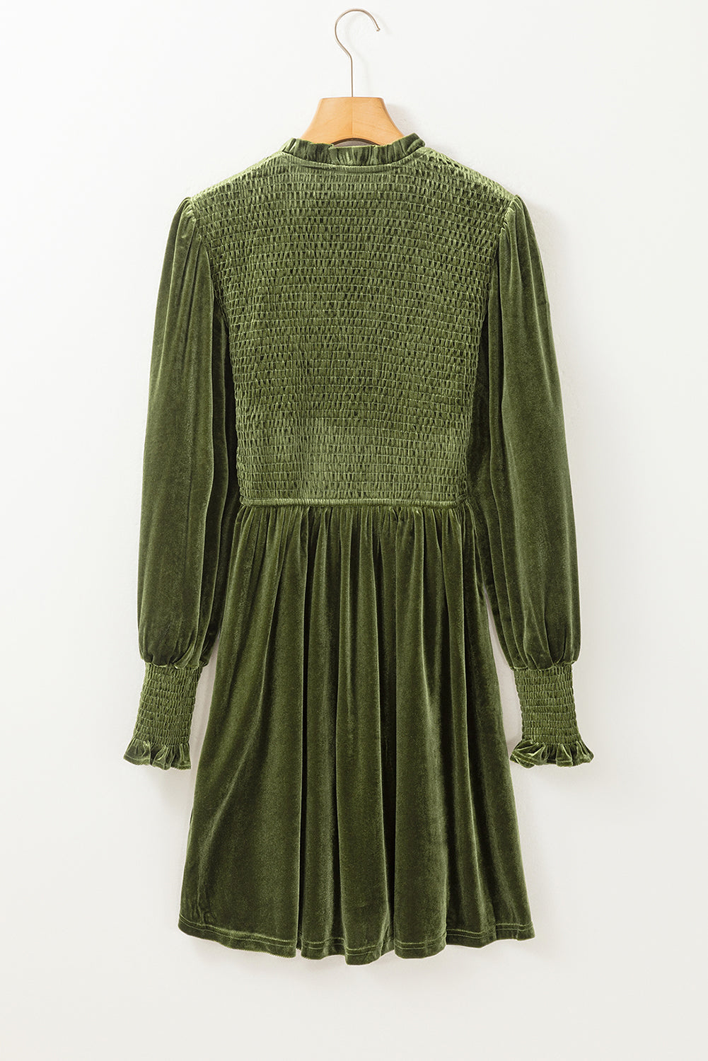 Elegant Moss Green Velvet Dress for Women with Frilled Neck, Smocked Bodice, and Flattering Fit for Special Occasions