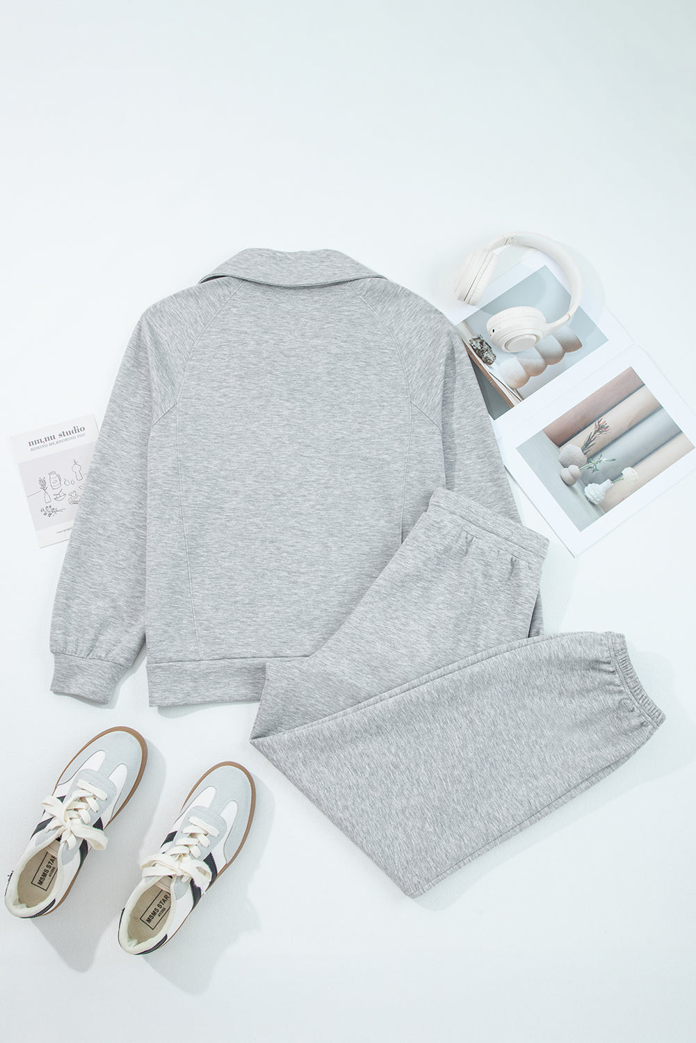Women's Light Grey Casual Long Sleeve Zip Collar Top & Drawstring Pants Set - Stylish, Comfortable, Ideal for Daily Wear
